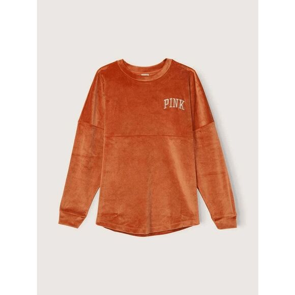 PINK Victorias Secret Cinnamon Spice Velour Orange Varsity Crew Sweater L NWT - Picture 10 of 10